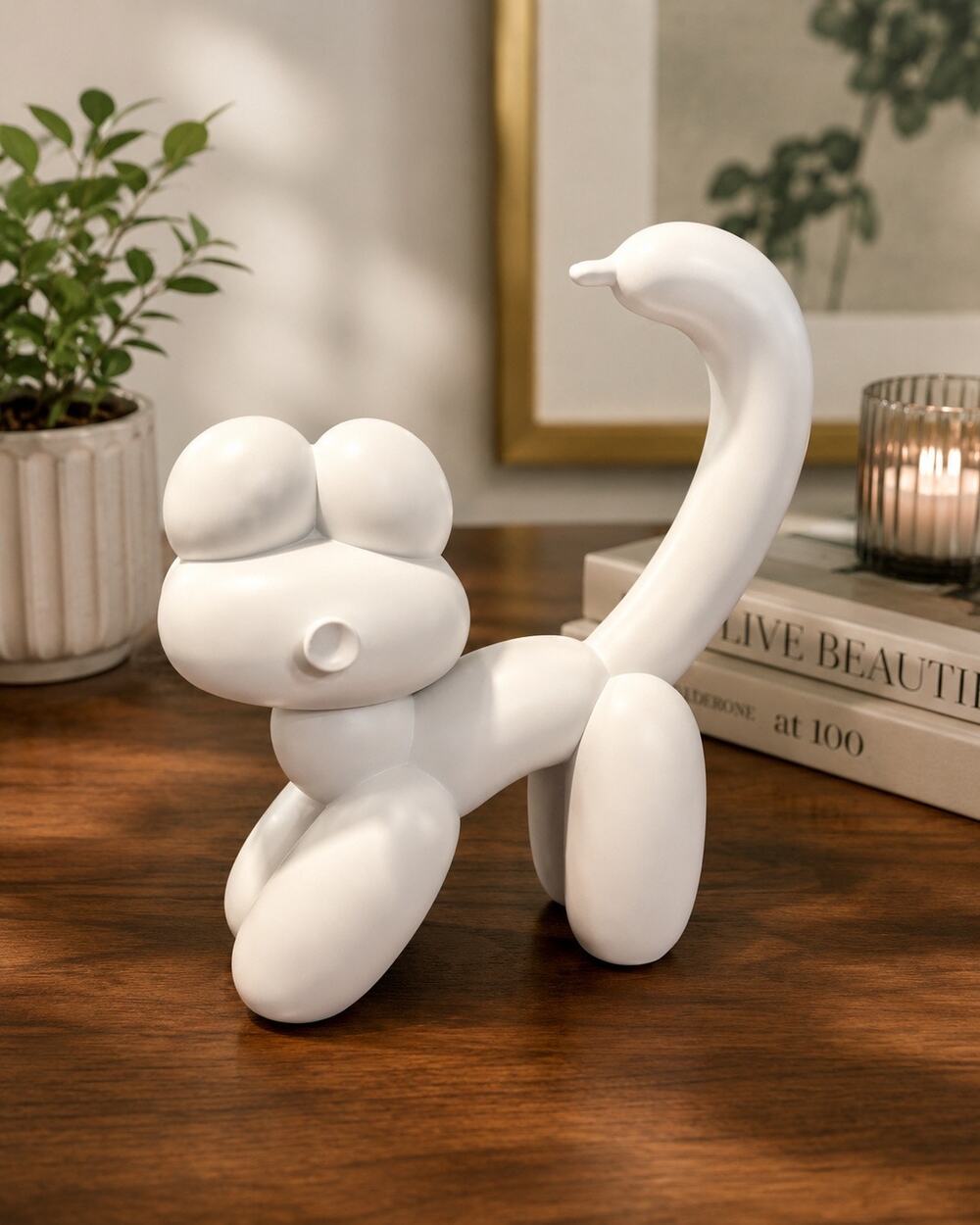 Balloon Cat Resin Sculpture White Modern Table Decor NIB 7.8”